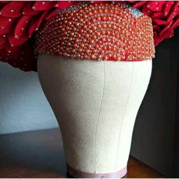 Vtg George Zamaul Couture Glamour Hat Red Rhinestone African Nigerian Beaded main image 13